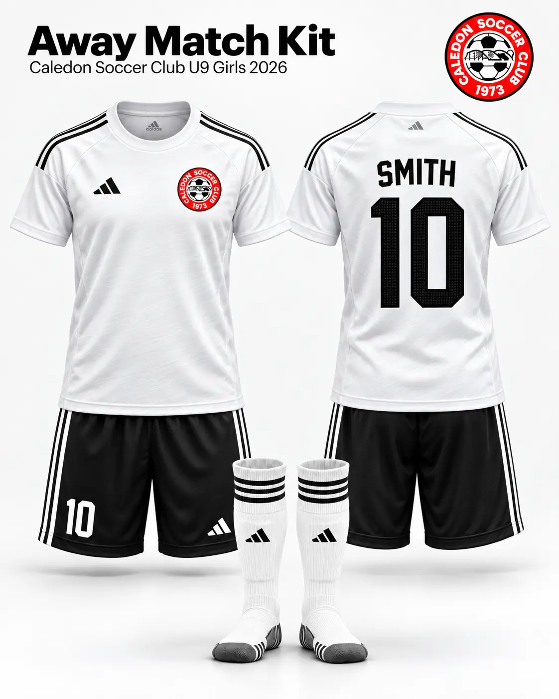 Caledon U9 Girls 2026 away match kit visual showing the white adidas Tiro26 jersey, black shorts, white socks and decoration placement.