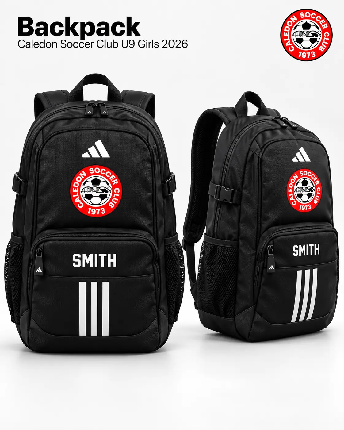 Caledon U9 Girls 2026 adidas Stadium 4 backpack visual showing the club crest, player initials and storage features.