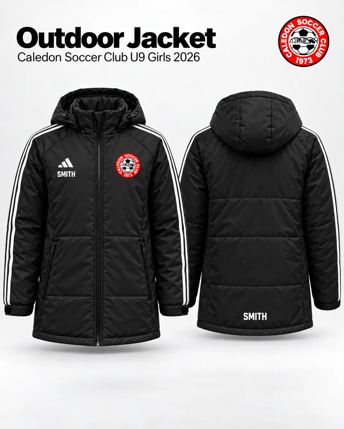 Caledon U9 Girls 2026 outdoor jacket visual showing the black adidas Tiro 24 winter jacket with club crest and player initials.