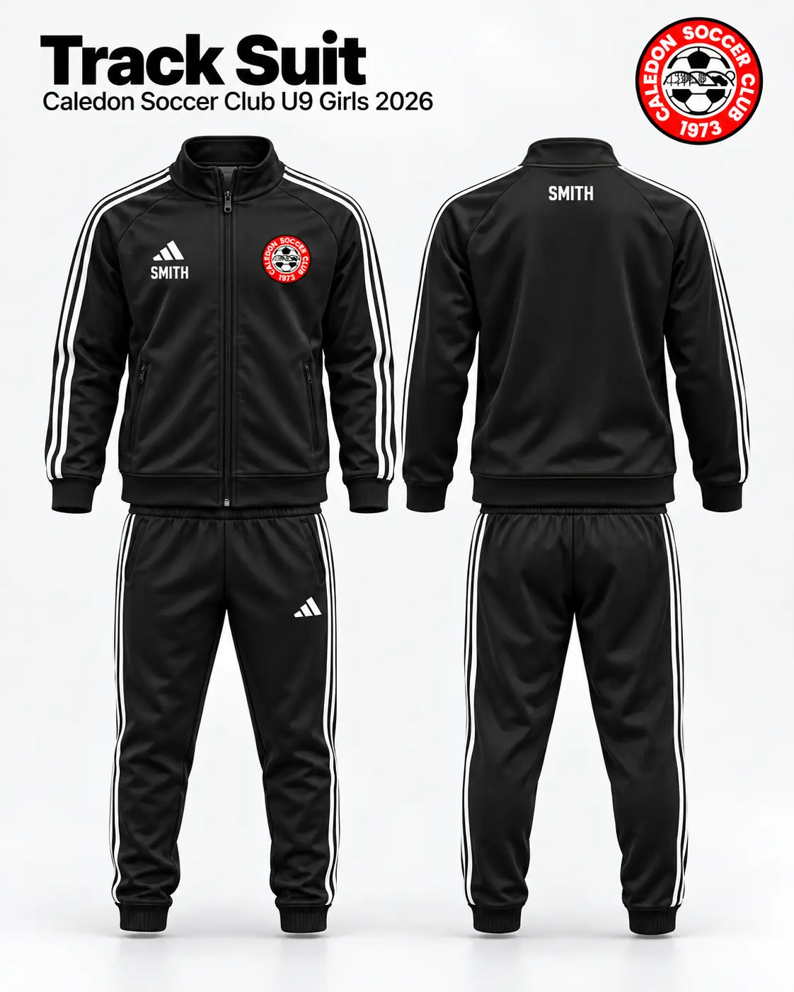 Caledon U9 Girls 2026 adidas tracksuit visual showing the Tiro 24 training jacket, Tiro 26 training pants and player-initial decoration placement.
