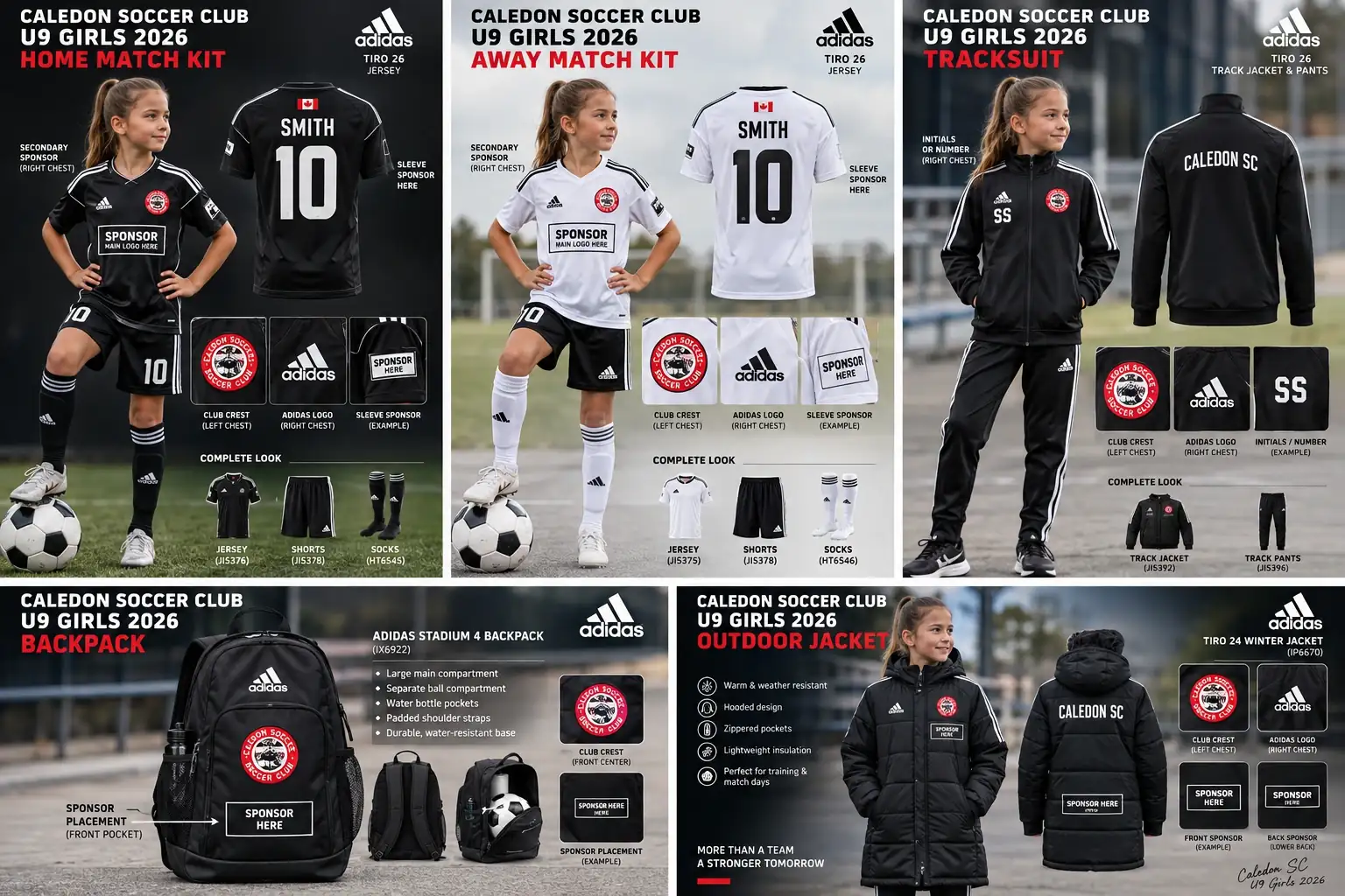 Overview of Caledon U9 Girls 2026 sponsorship placement options across the home kit, away kit, tracksuit, backpack and outdoor jacket.