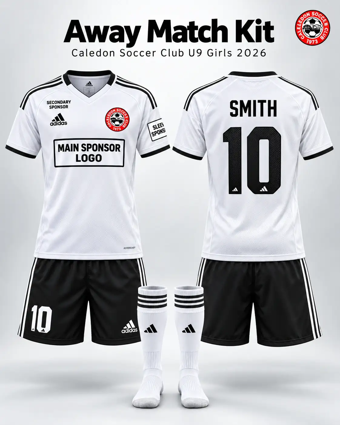Caledon U9 Girls 2026 white away match kit showing main sponsor, secondary sponsor and sleeve sponsor placement examples.