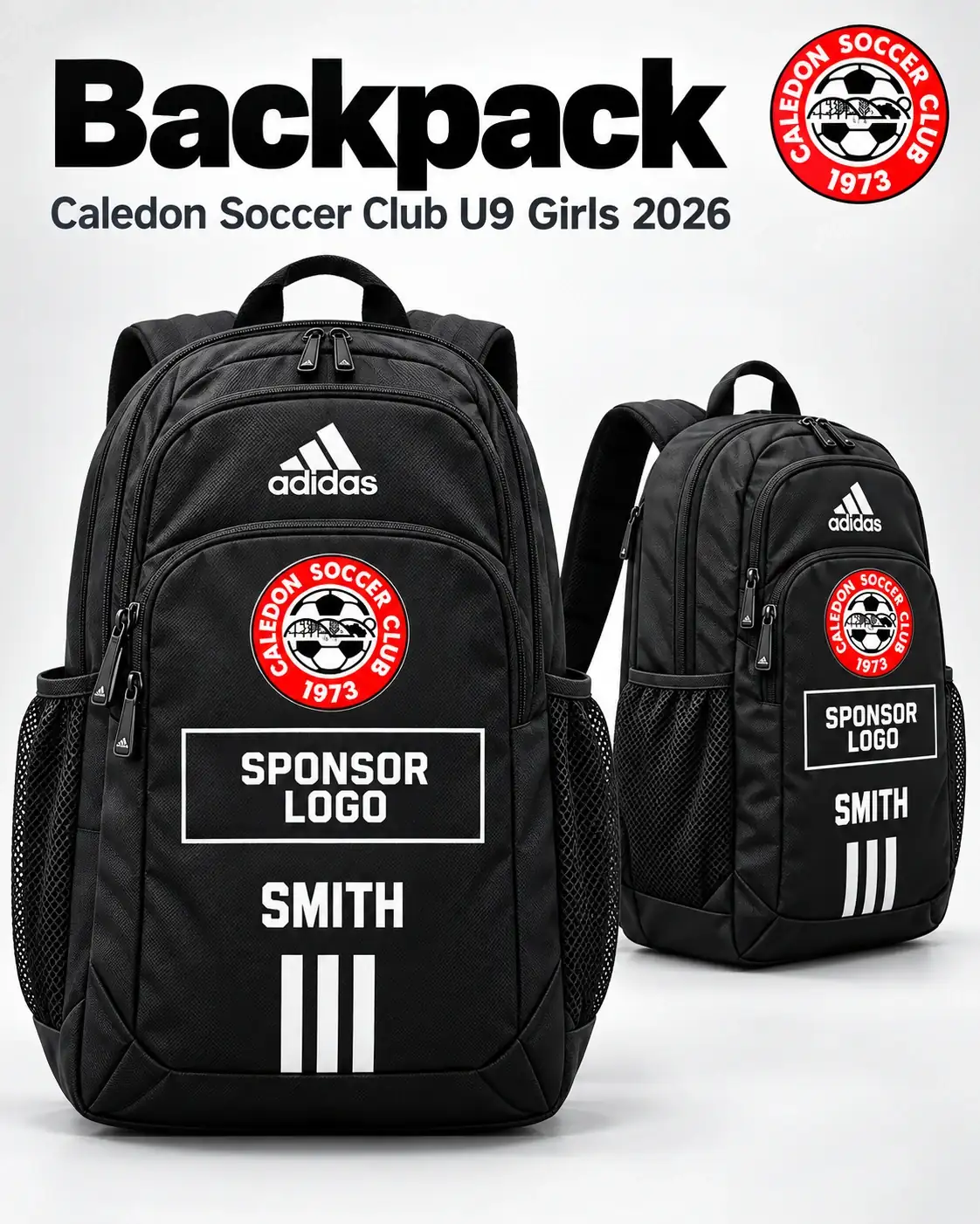 Caledon U9 Girls 2026 backpack sponsorship mockup showing sponsor logo placement on the front pocket below the club crest.