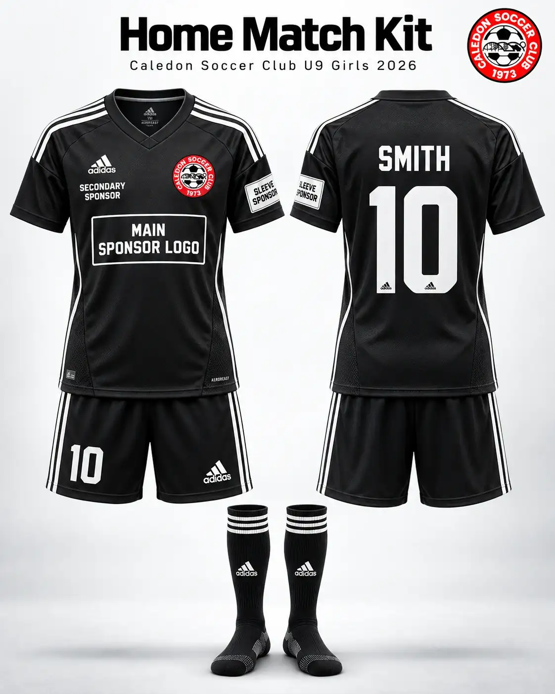 Caledon U9 Girls 2026 black home match kit showing main sponsor, secondary sponsor and sleeve sponsor placement examples.