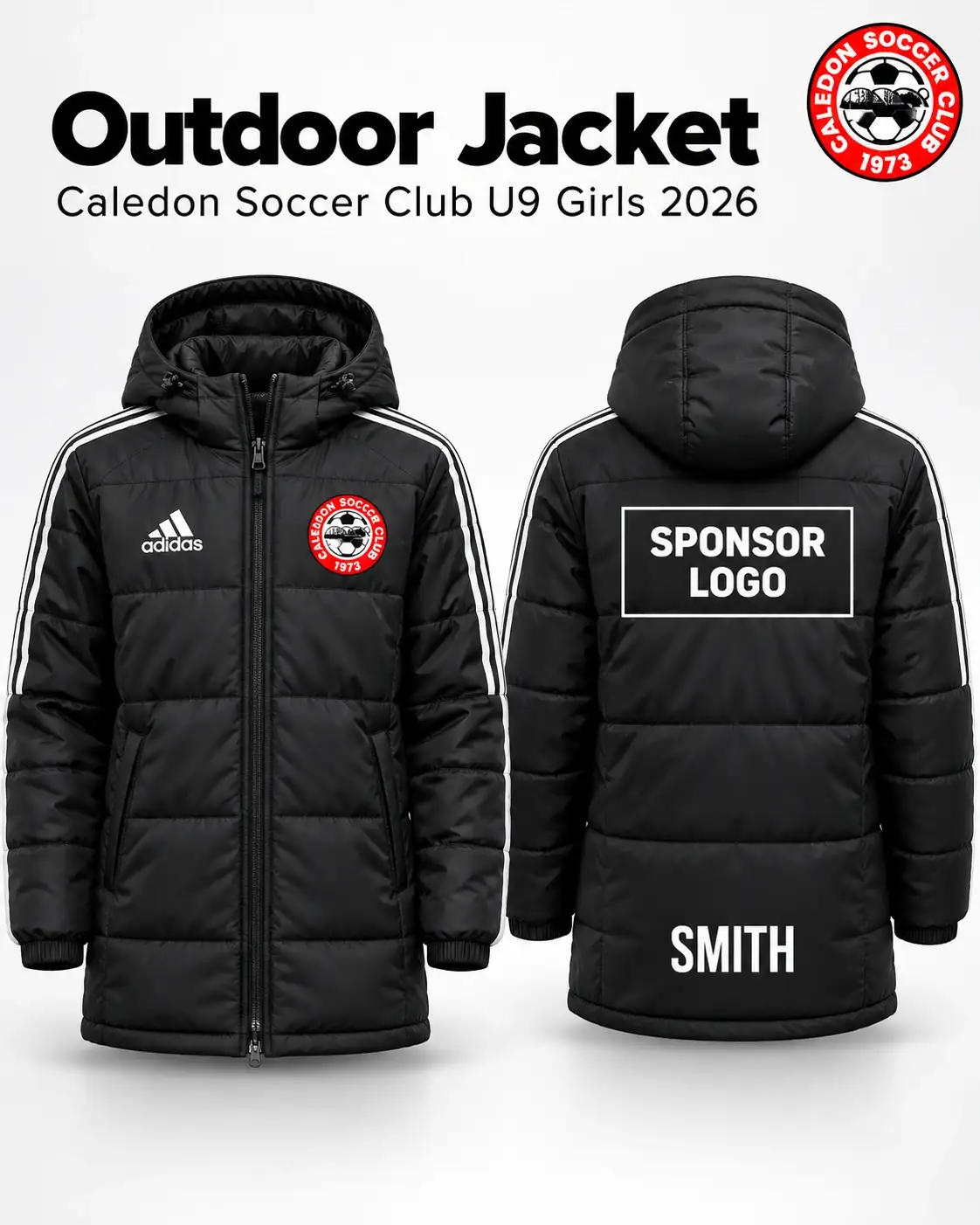 Caledon U9 Girls 2026 outdoor jacket sponsorship mockup showing a large sponsor logo placement on the back.