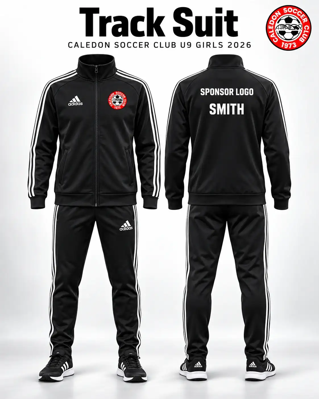 Caledon U9 Girls 2026 black tracksuit sponsorship mockup showing sponsor placement on the upper back with player personalization.